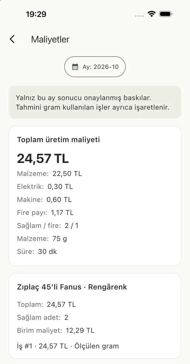 Owner app showing the cost of a finished print job